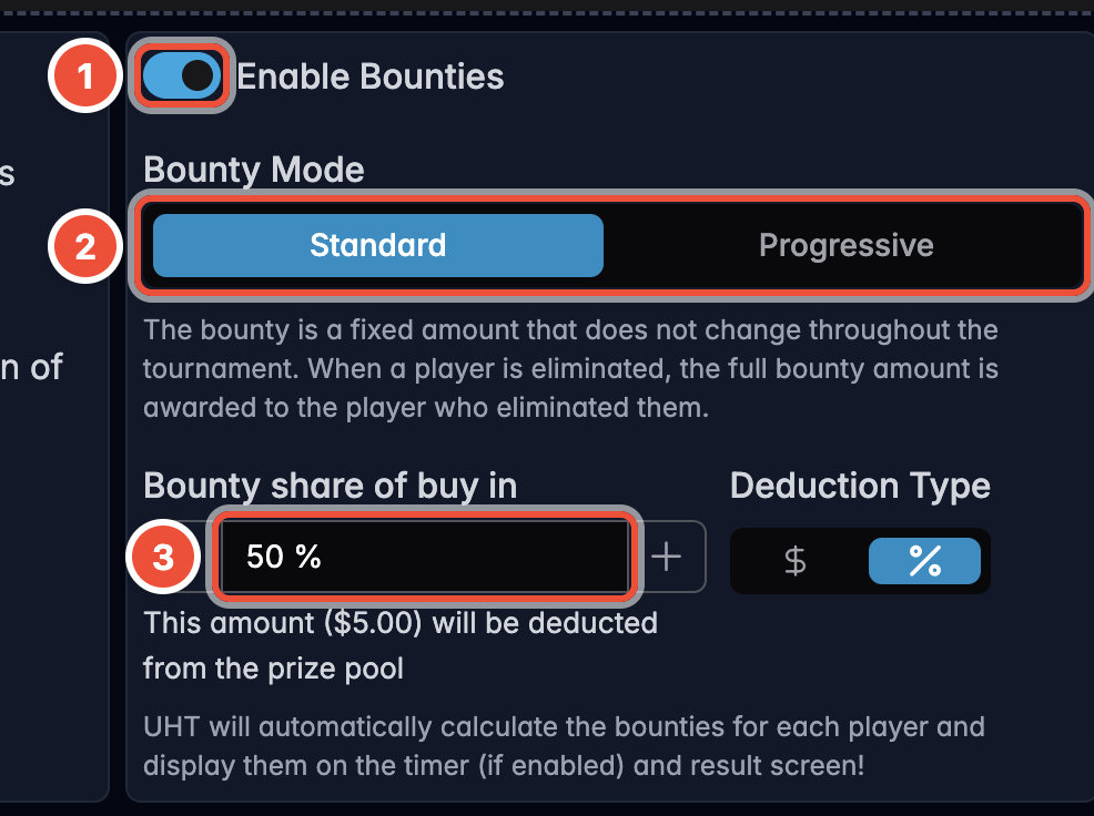 Step 6 with bounties enabled, showing bounty mode and share of buy-in