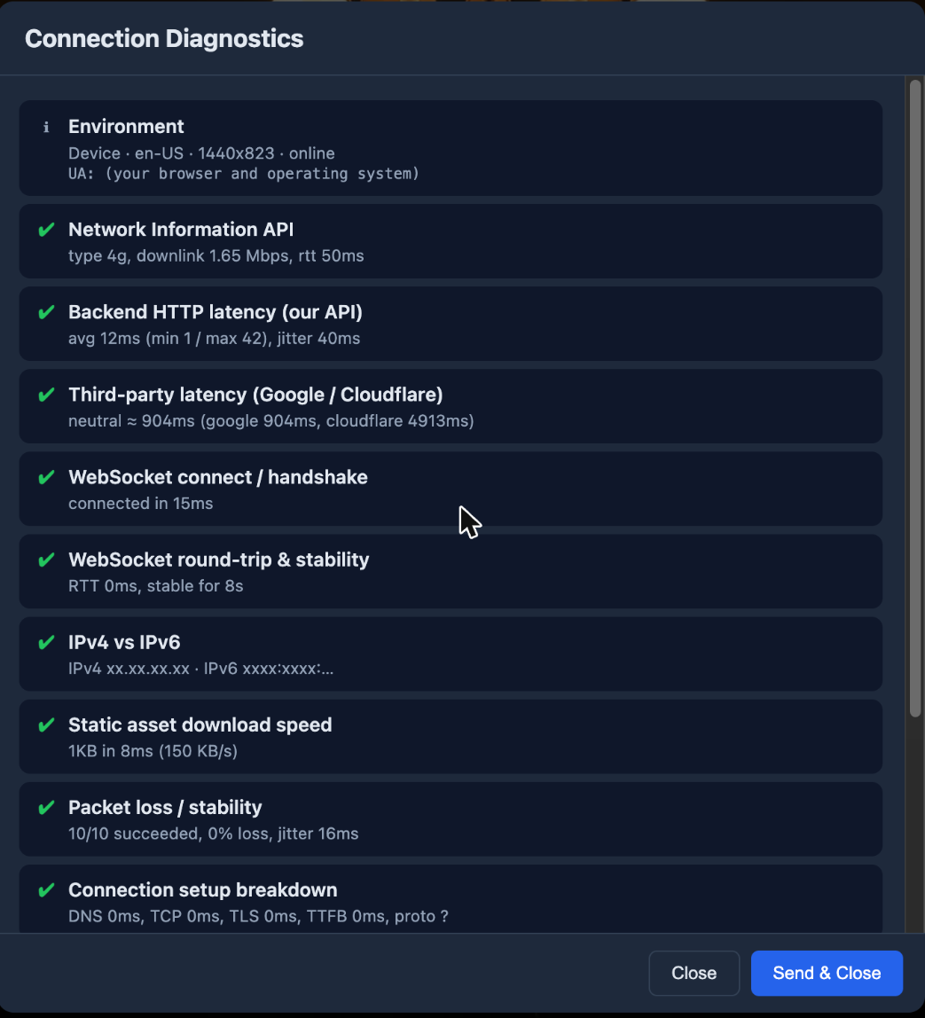 The connection diagnostics screen with each check passing