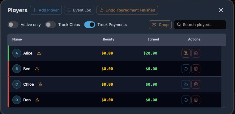 The Players dialog with the Track Payments toggle switched on