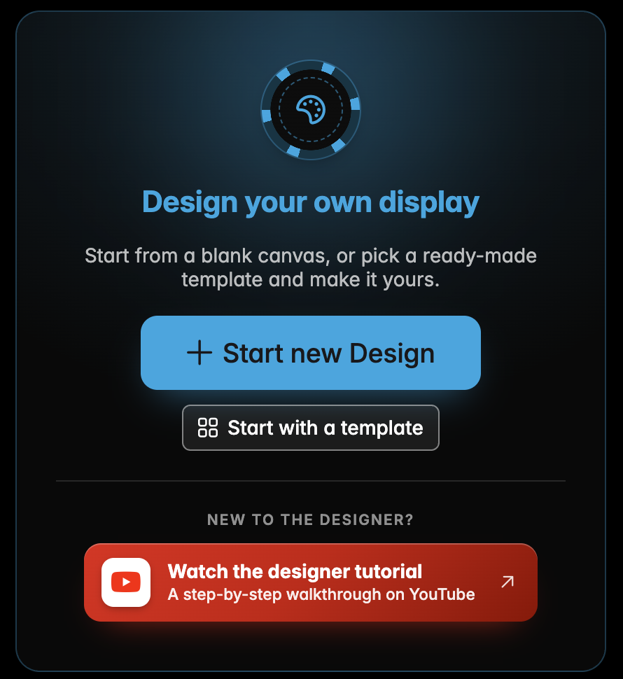 The designer start screen offering a blank canvas or a template