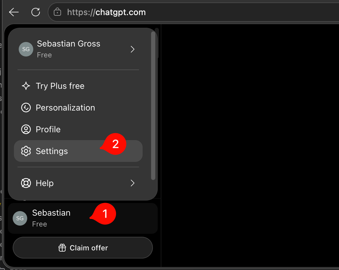 The ChatGPT account menu with the account name and the Settings entry marked