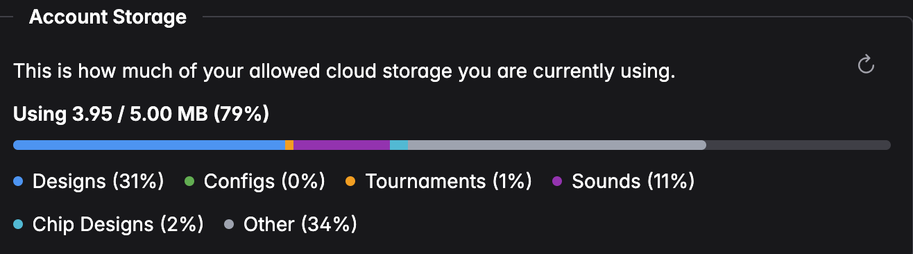The account storage bar broken down by designs, configs, tournaments and sounds