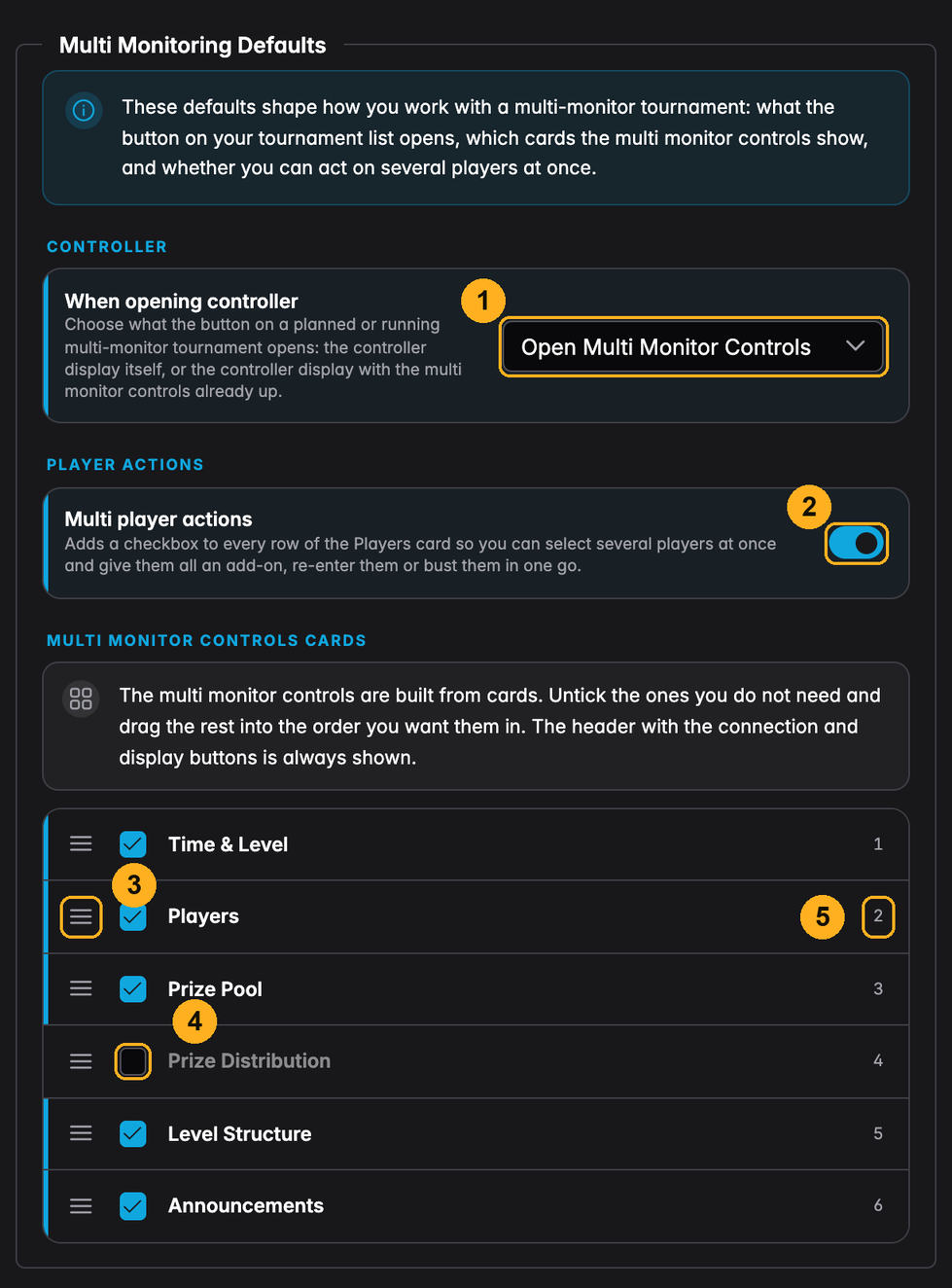 The Multi Monitoring Defaults group, with the open-mode dropdown and the card list