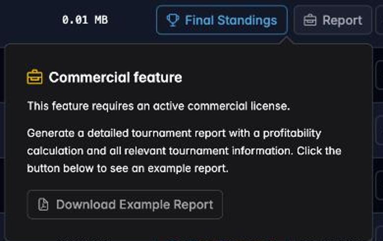 The commercial-feature notice with a Download Example Report button