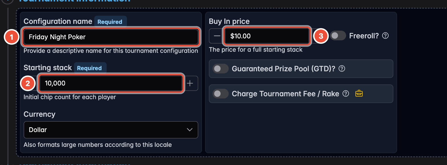 Step 1 of the wizard with a name, starting stack and buy-in filled in