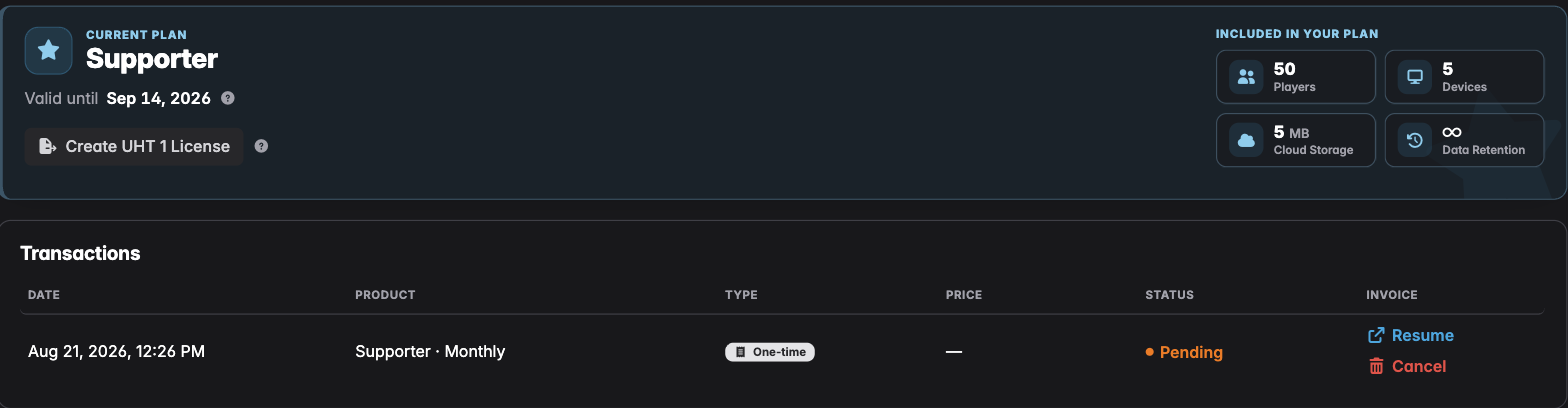 The License tab showing the current plan, what's included, and the transactions list