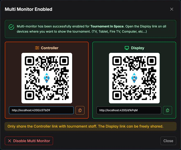 The Multi Monitor Enabled dialog with a Controller link and a Display link, each with a QR code