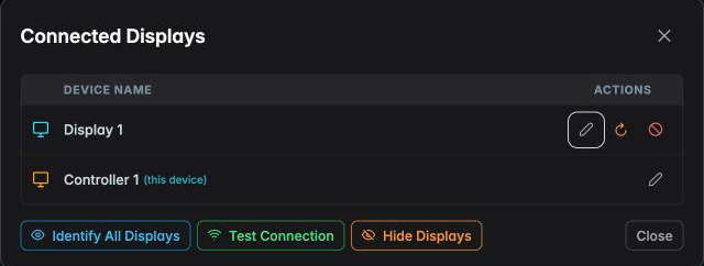 The Connected Displays dialog with per-device actions