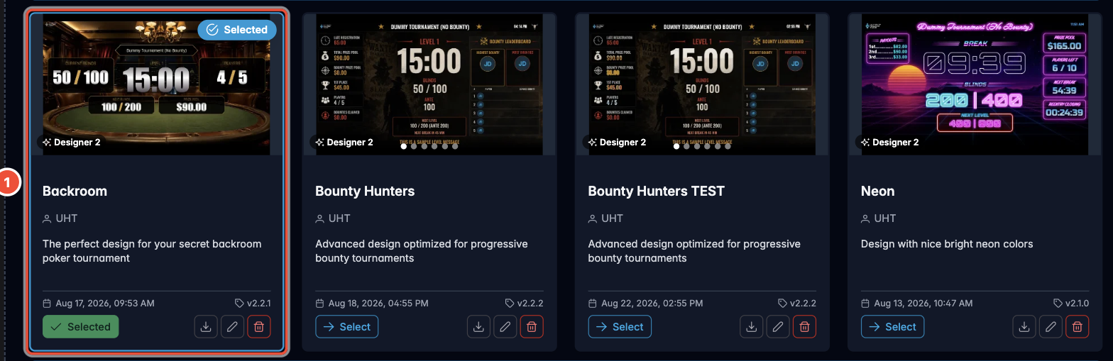 The design picker showing several tournament display designs