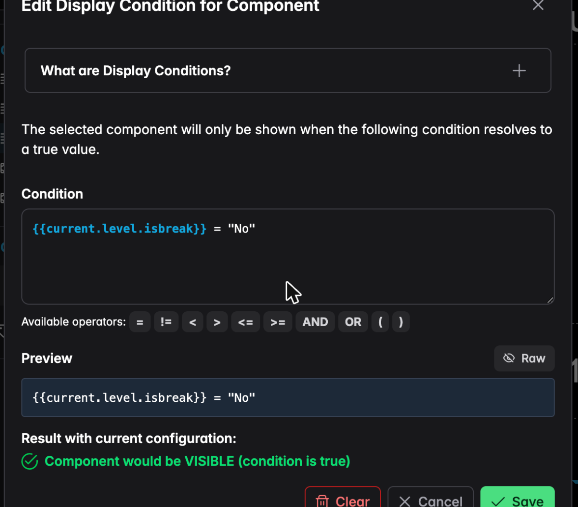 The display condition editor with a live preview