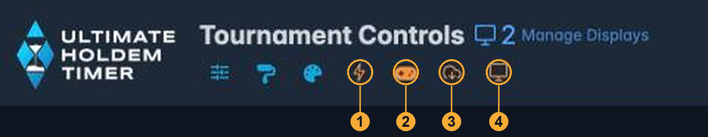 The tournament controls icon row with four gold multi-monitor buttons numbered one to four