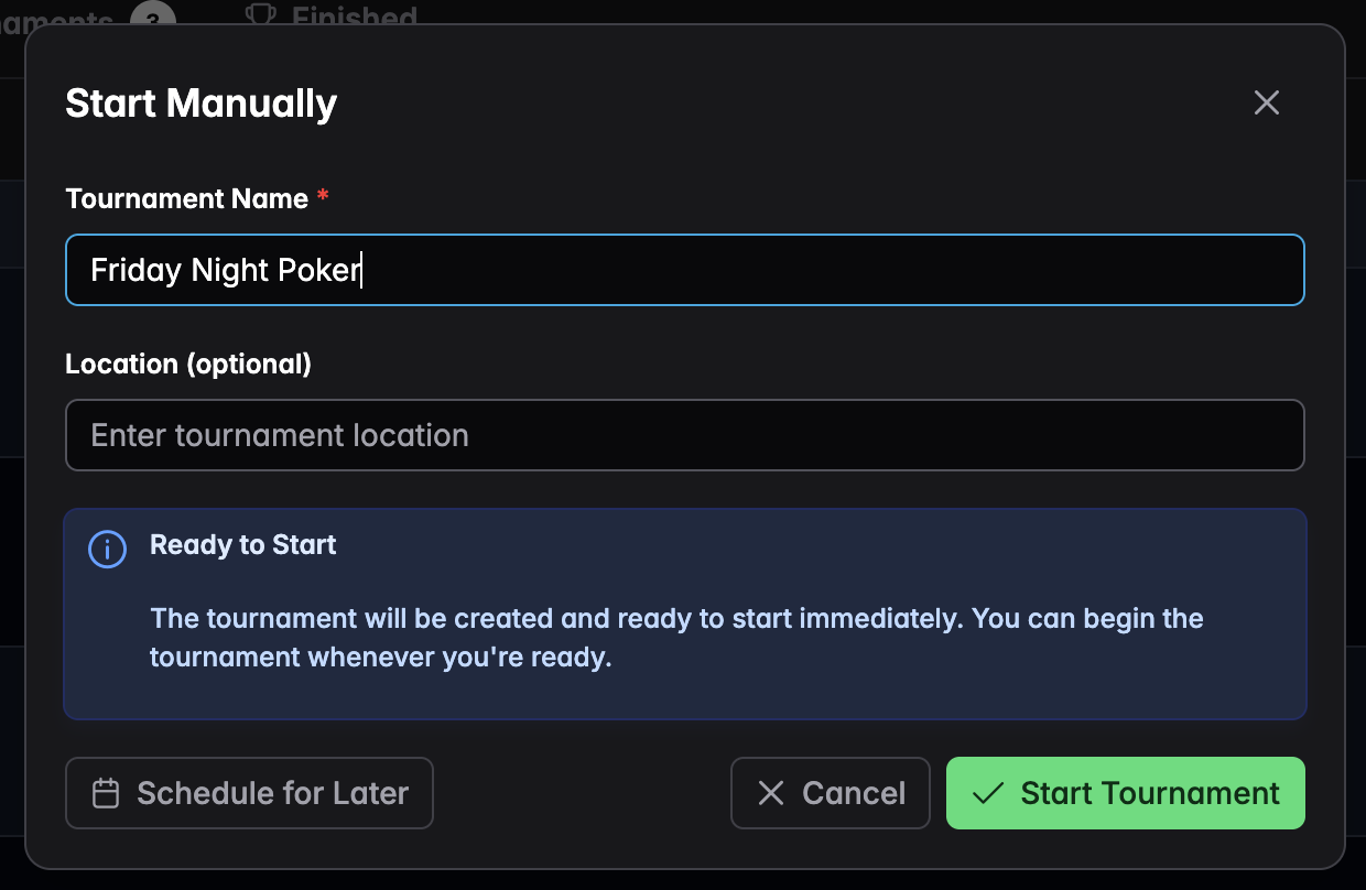 The start dialog asking for a tournament name and location