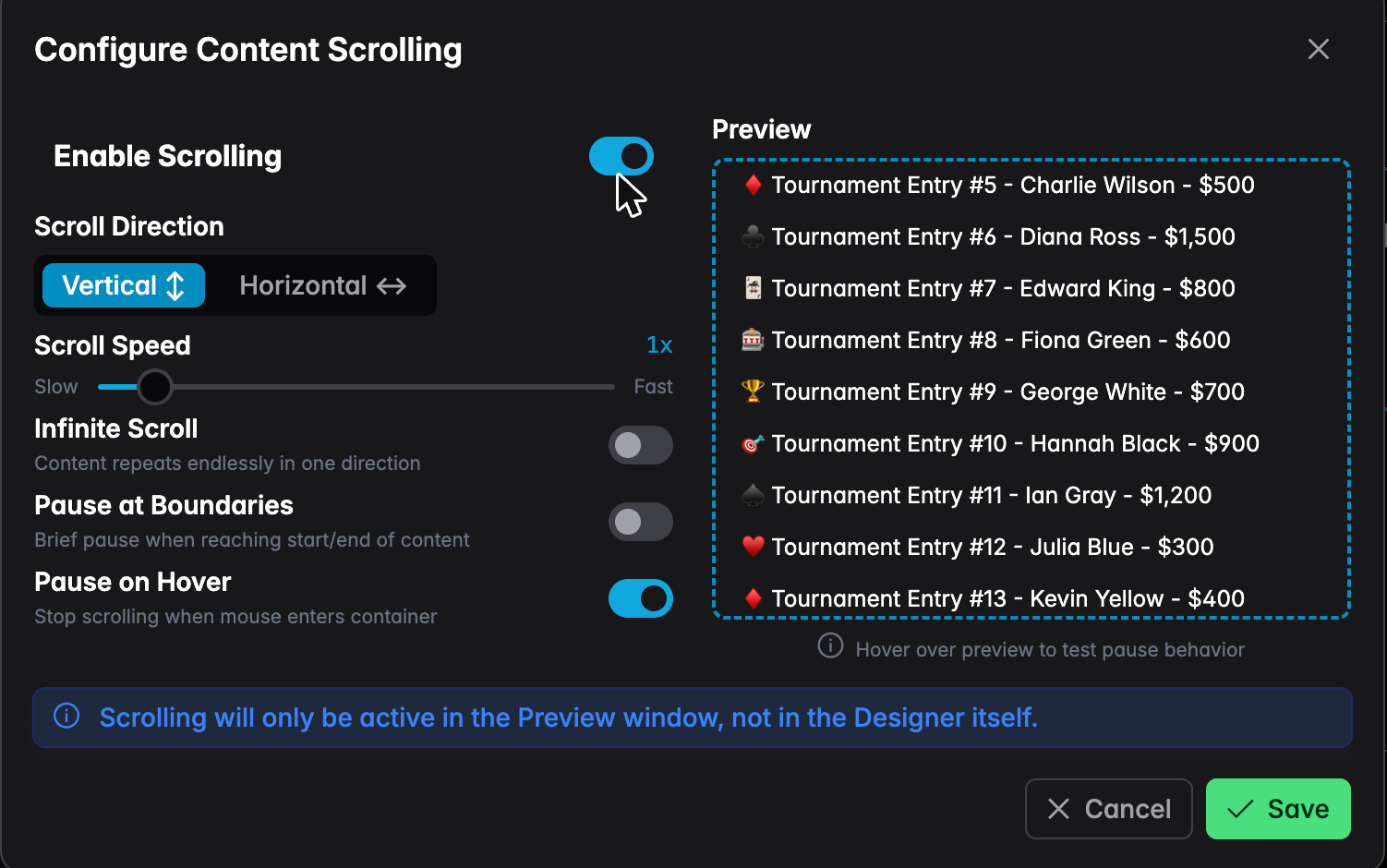 The scroll configuration dialog with a live preview
