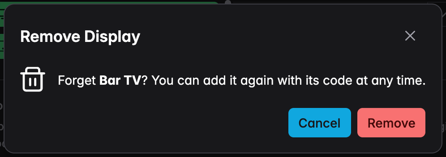 The Remove Display confirmation asking whether to forget Bar TV