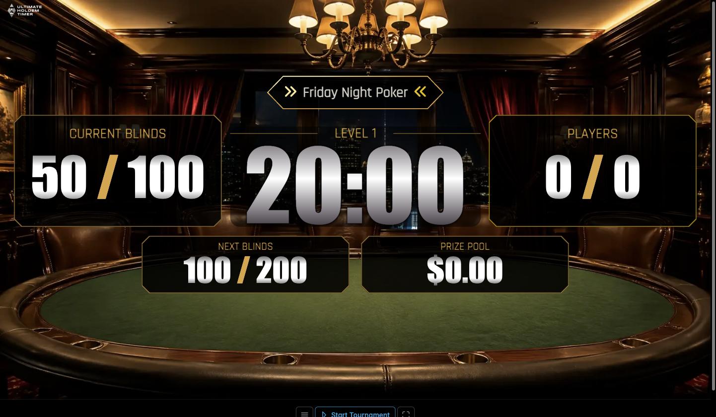 The live tournament display showing blinds, level timer, players and prize pool