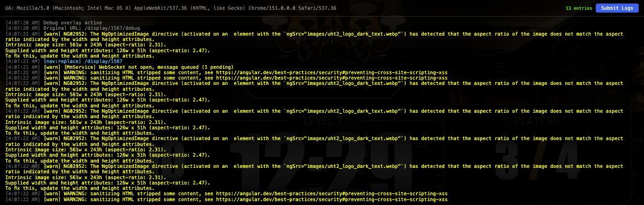 The debug overlay showing a colour-coded log over the running display