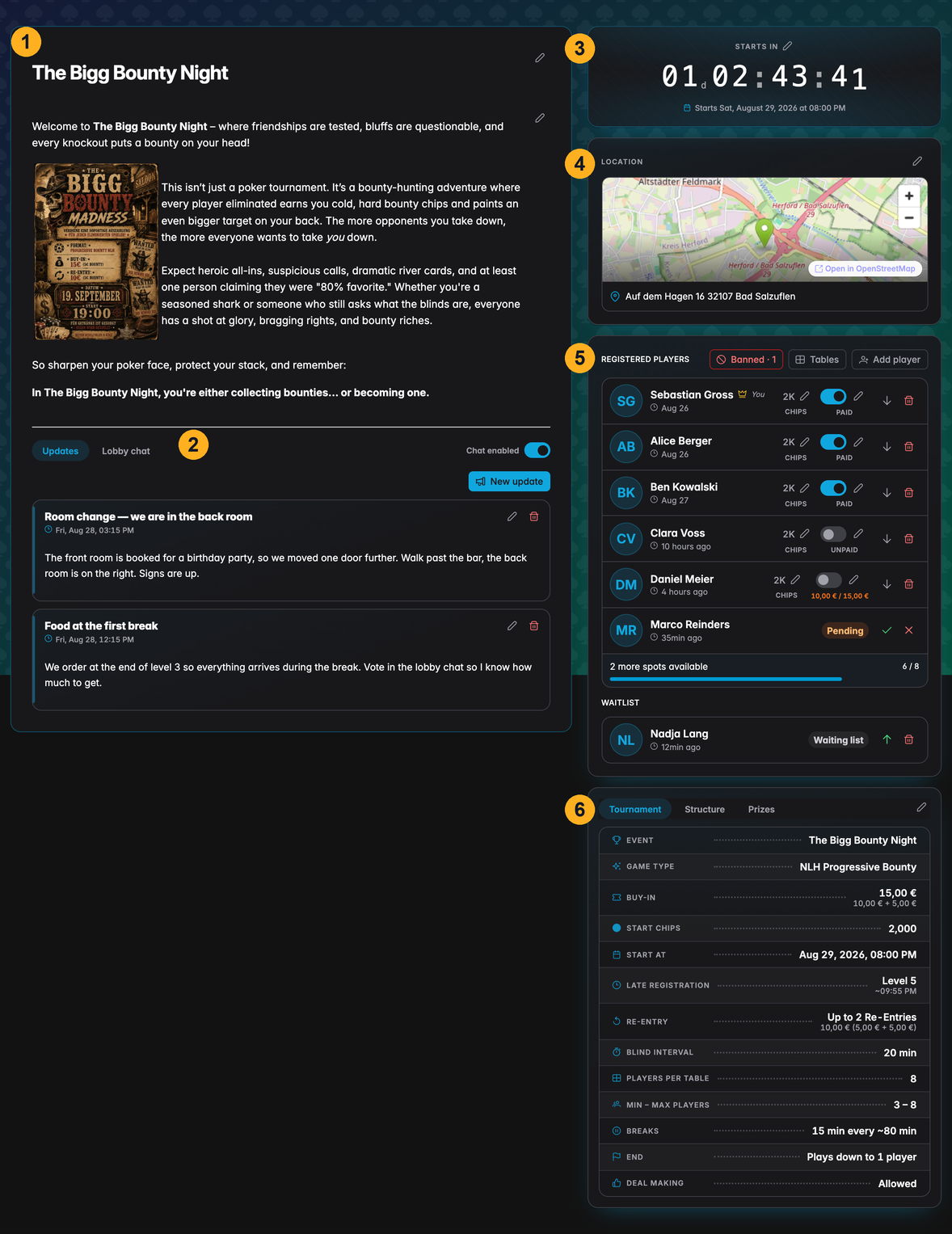 The lobby page as the host sees it, with the description, updates, countdown, map, player list and tournament information