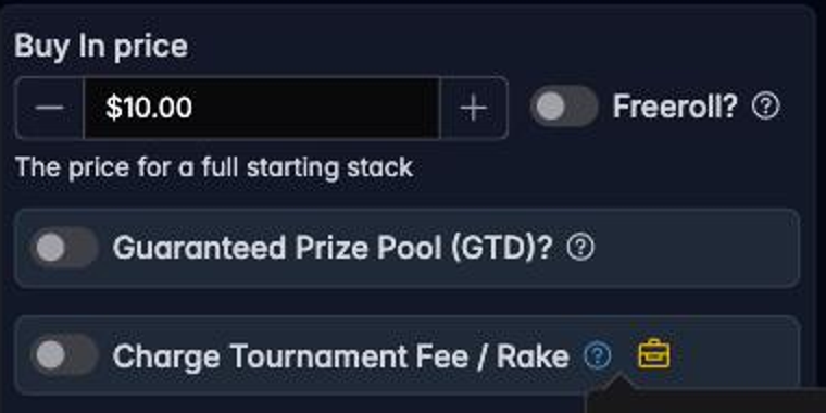 The Tournament Information step with the Charge Tournament Fee / Rake toggle
