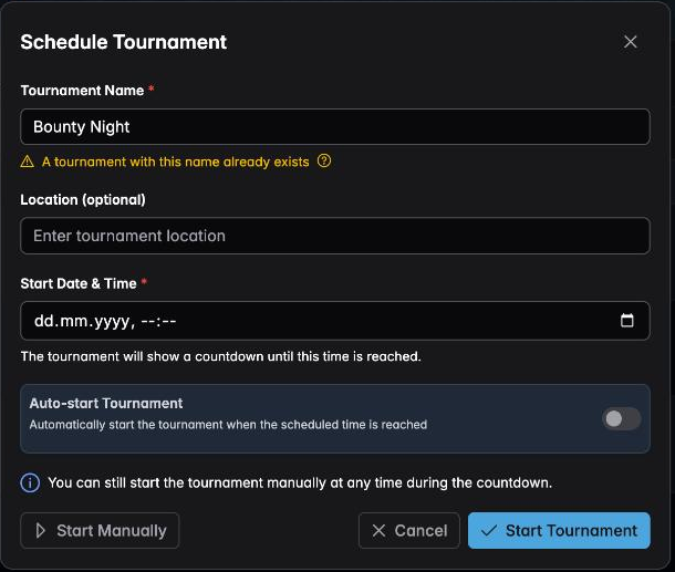 The Schedule Tournament dialog with a start date and time and an auto-start toggle