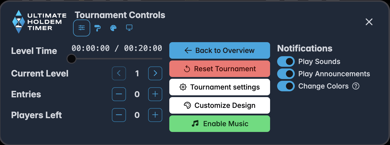 The tournament controls panel