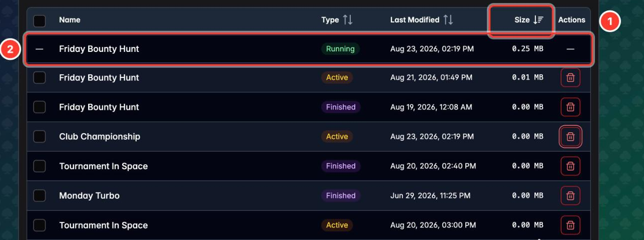 The Tournaments tab sorted by size, largest first, with a running tournament that cannot be deleted