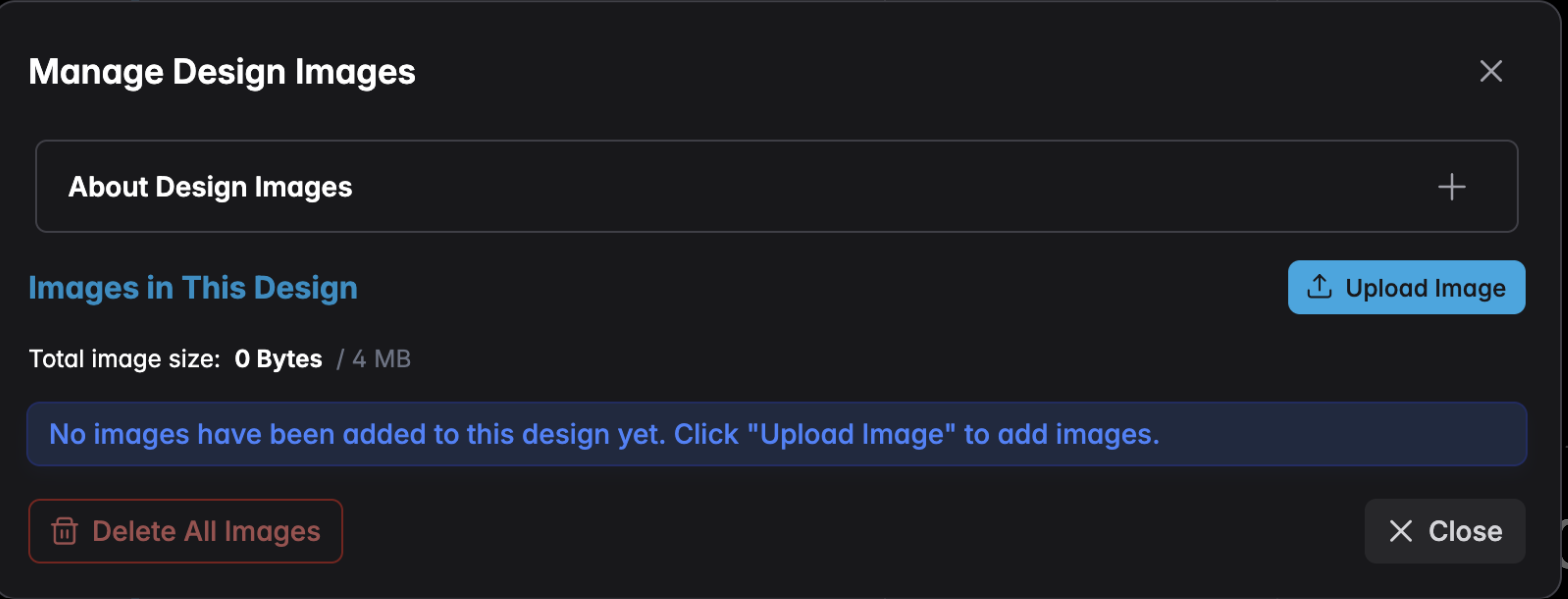 The design image manager showing the storage budget