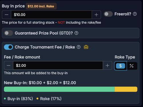 The rake settings showing a $2 fee on a $10 buy-in, with a new buy-in of $12