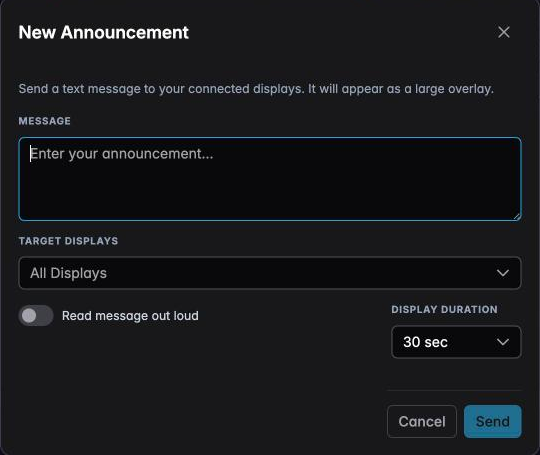 The New Announcement dialog with a message box, target displays, read-aloud toggle and duration