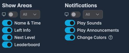 Show Areas and Notifications sections, each with a monitor toggle and an All dropdown