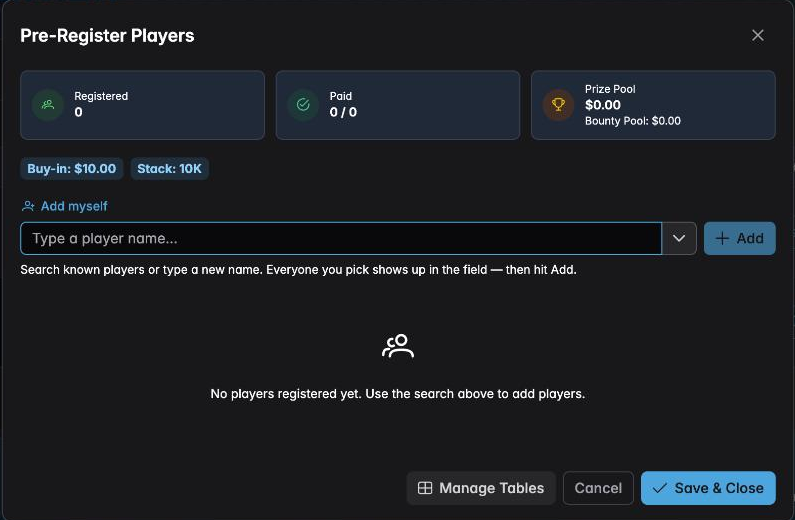 A planned tournament with Open Timer, Preregister and Multi Monitor buttons