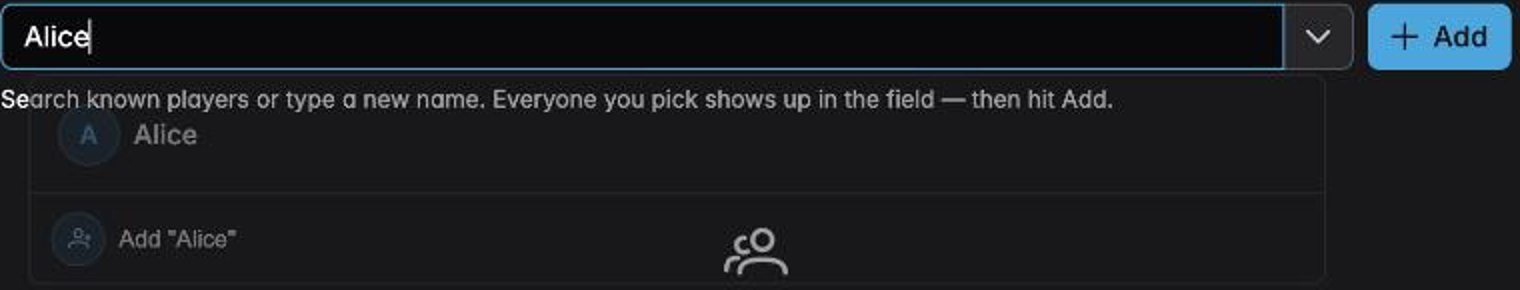 The player search suggesting a known player and offering to create a new one