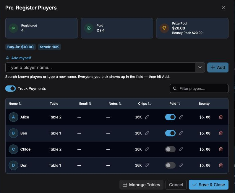 The pre-registration list with four registered players