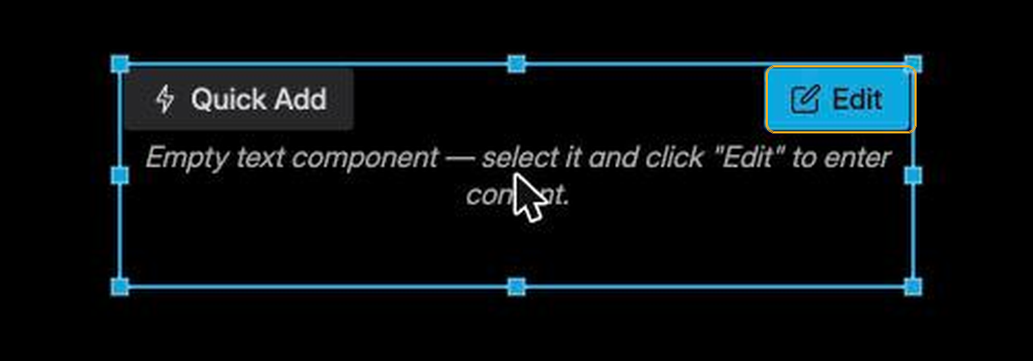 An empty text component on the canvas with its Edit button ringed