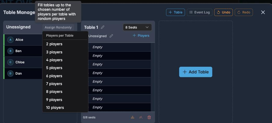 The Table Management dialog with an unassigned list and an Add Table button