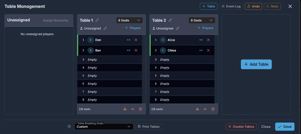 Two tables with players assigned