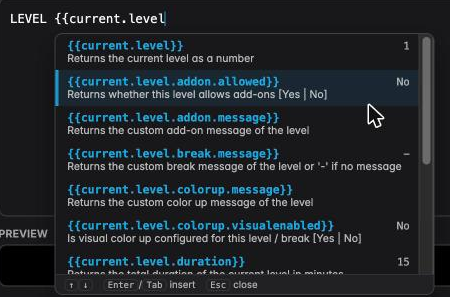 The placeholder autocomplete listing matches with their current values