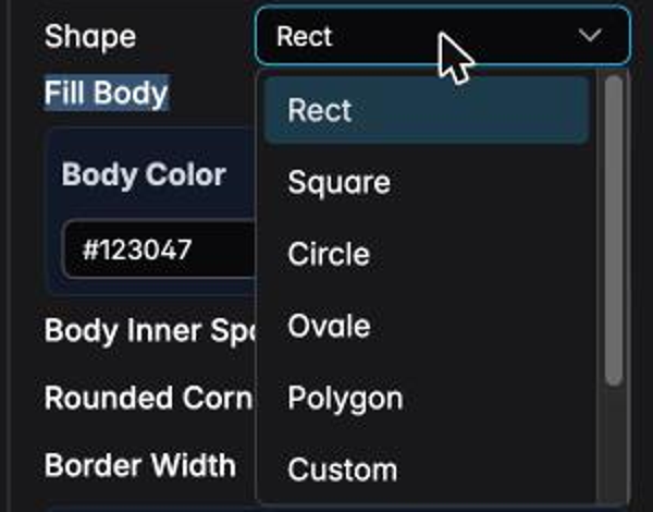 The Shape dropdown listing Rect, Square, Circle, Ovale, Polygon, Custom, Line H and Line V