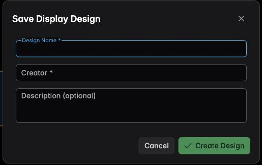 The Save Display Design dialog with name, creator and description fields