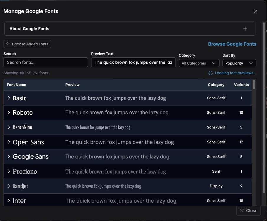 The Google Fonts browser showing categories, sorting and live previews