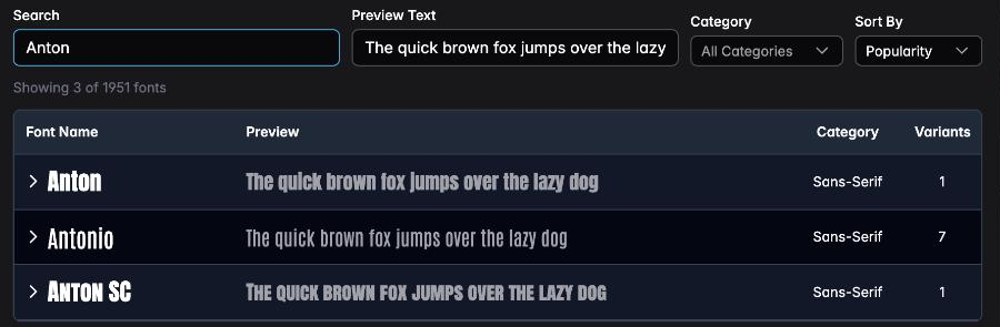 A search for Anton returning three matching fonts