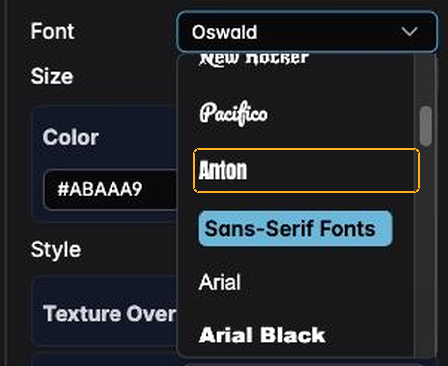 The font dropdown with the newly added Anton highlighted in the Google Fonts group