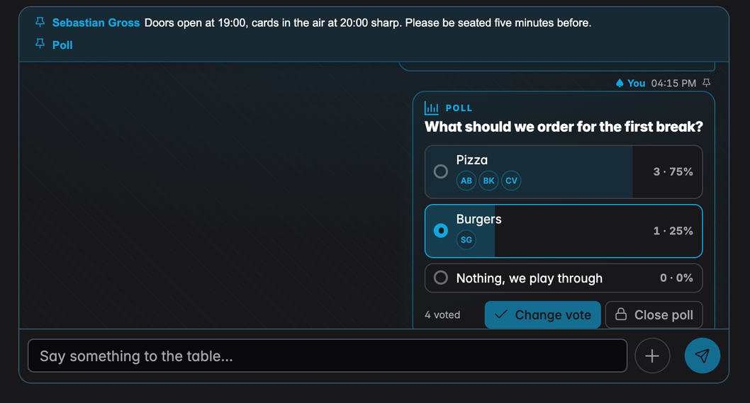 A poll in the chat showing vote counts, percentages, voter avatars and the Close poll button