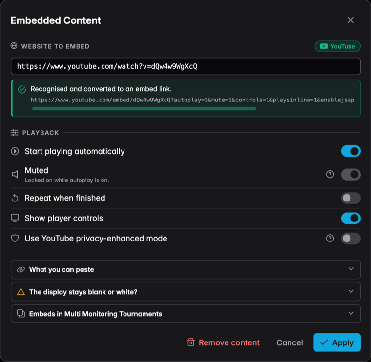 The Embedded Content dialog with a YouTube link recognised