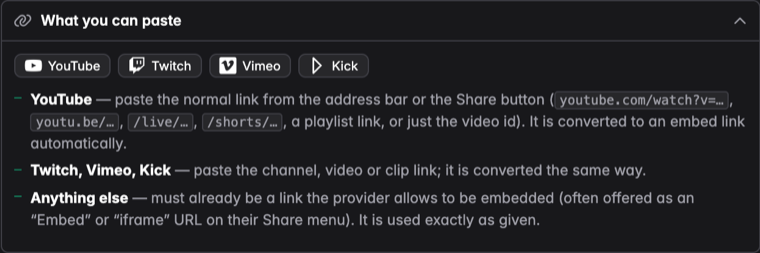 The dialog's What you can paste section, listing YouTube, Twitch, Vimeo and Kick