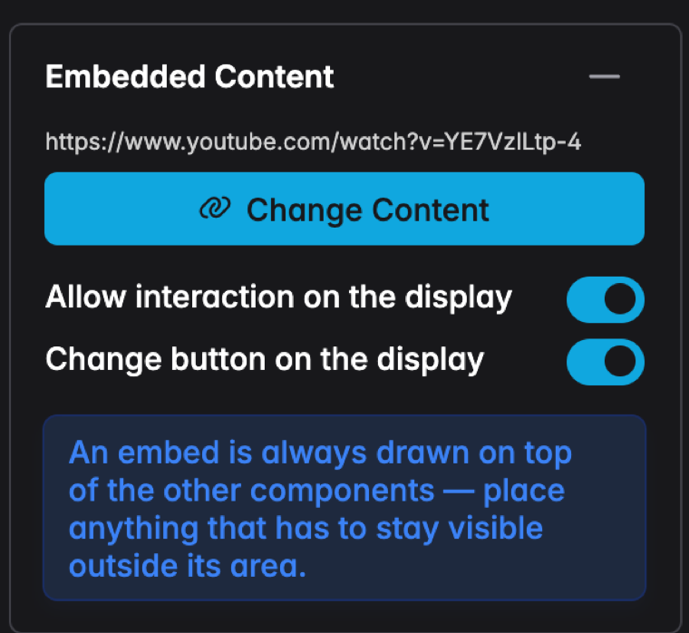 The Embedded Content settings panel